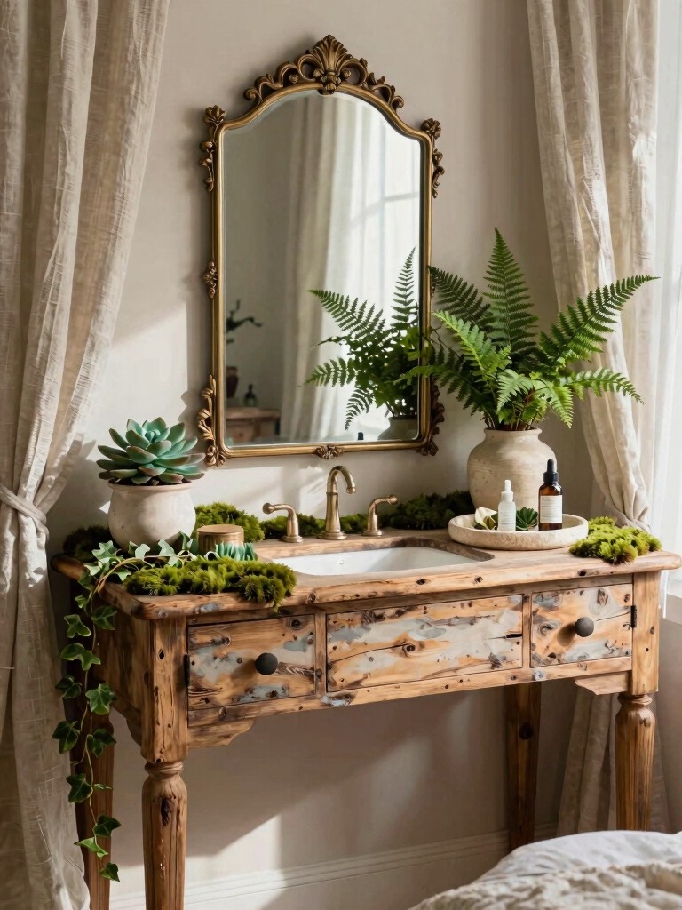 rustic vanity with greenery