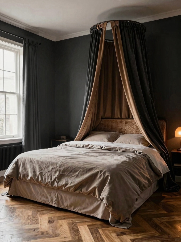 warm neutrals balance dark walls